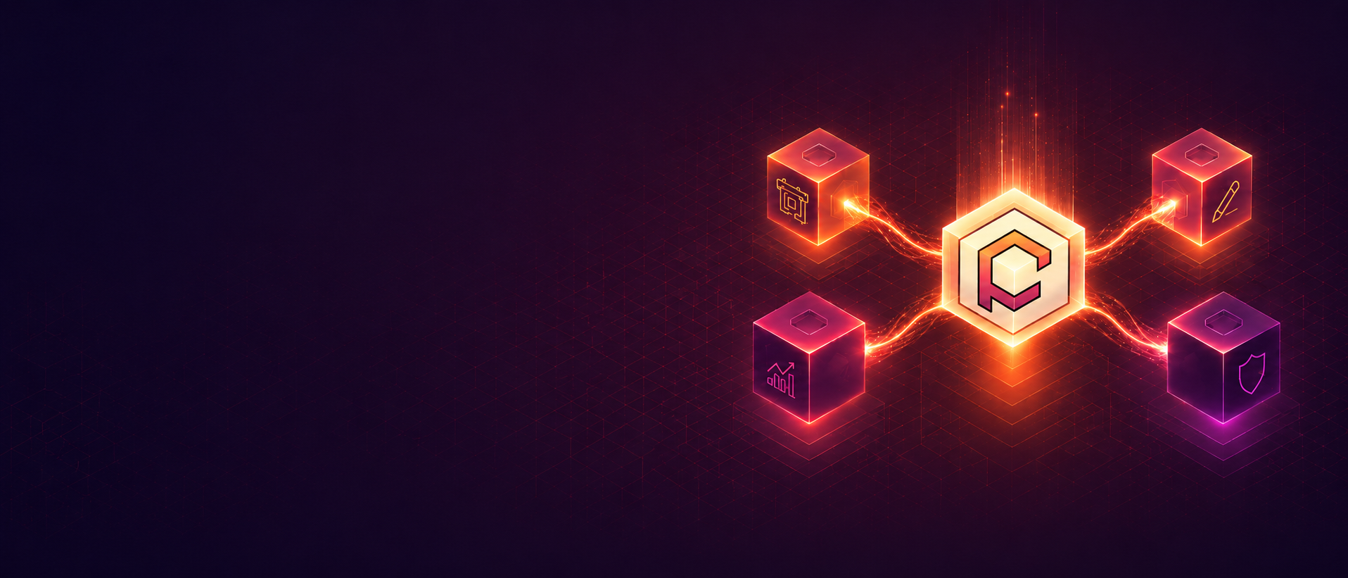 Illustration Fulkominn représentant un cube central connecté à plusieurs services de communication digitale : création de site internet, identité visuelle, référencement et support technique.