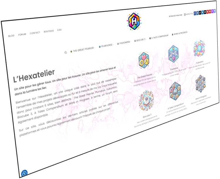 Capture du site L’Hexatelier, portail regroupant plusieurs projets créatifs, éditoriaux, pédagogiques et professionnels.