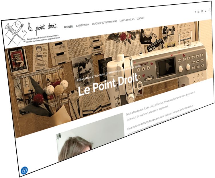 Capture du site Le Point Droit, présentant une activité de réparation, révision et maintenance de machines à coudre autour de Rouen.