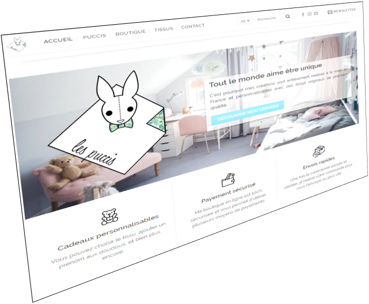 Capture du site Les Puccis, une boutique en ligne dédiée aux doudous faits main, accessoires personnalisés et créations artisanales.