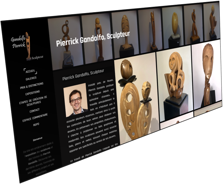 Capture du site portfolio de Pierrick Gandolfo, sculpteur, présentant ses œuvres, ses galeries, son parcours, ses expositions et ses distinctions.