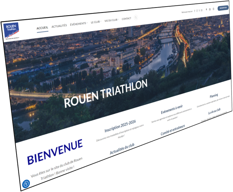 Capture du site Rouen Triathlon, conçu pour présenter un club sportif, ses actualités, ses événements, ses équipes et ses informations pratiques.