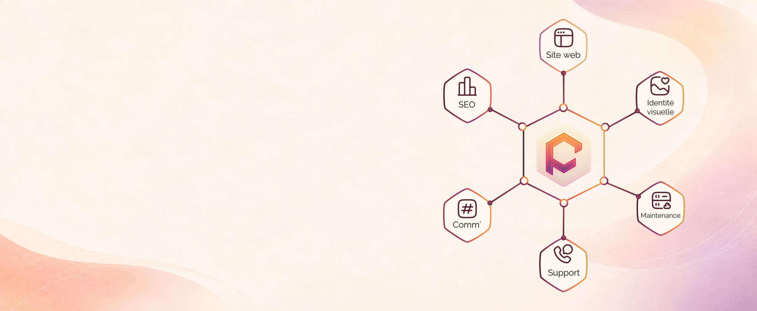 Illustration Fulkominn représentant une présence en ligne cohérente autour du site internet, de l’identité visuelle, du référencement, des performances, de la sécurité et de l’expérience utilisateur.