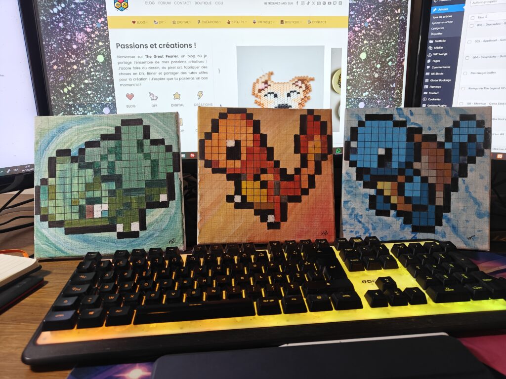 Triptyque Nostalgia Pokemon Gen 1 Peinture Salamèche Bulbizarre Carapuce Art Tableau Création Procreate Great Pearler Créatif