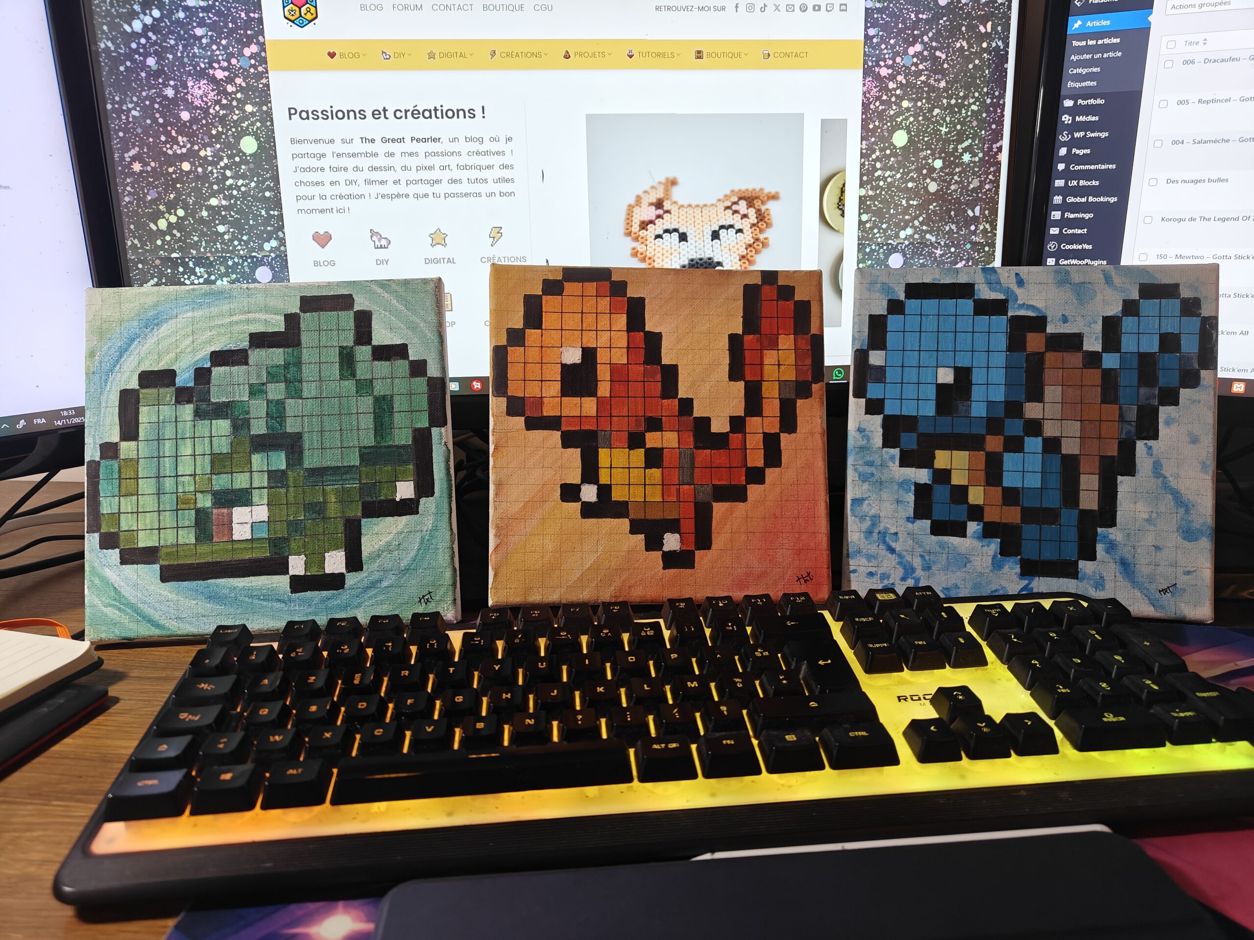 Triptyque Nostalgia Pokemon Gen 1 Peinture Salamèche Bulbizarre Carapuce Art Tableau Création Procreate Great Pearler Créatif