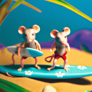 "a macro 35mm photograph of two mice in Hawaii, they're each wearing tiny swimsuits and are carrying tiny surf boards, digital art"