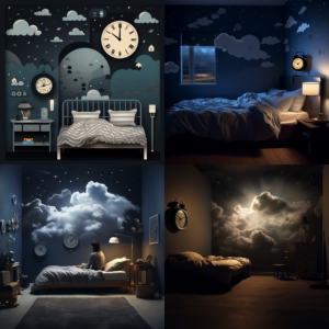 magine and create a night scene where a person is trying to sleep in their room. The room is dark and quiet, ideal for sleep, but the person's mind is filled with storm clouds representing stress and anxiety. Within these clouds, visualize different symbols of worries, such as a ticking clock representing time pressure, a stack of work papers or school assignments, a ringing phone, among others. The person is lying in bed, but instead of dreaming, they are staring at the ceiling, their face illuminated by the moonlight, clearly showing the restlessness and struggle to achieve sleep. - @eChartist